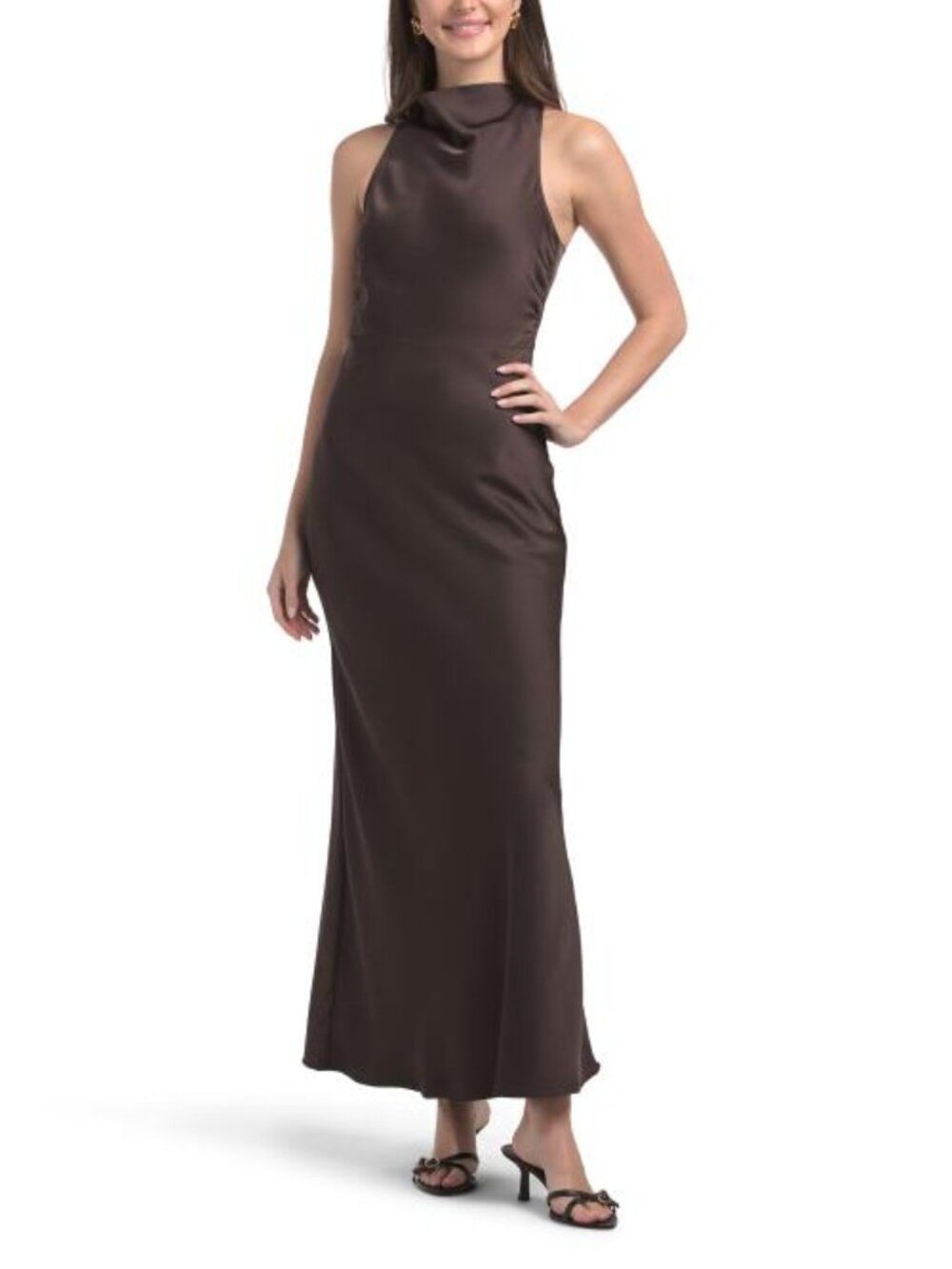 new House Of Harlow 1960 Satin Slip Maxi Dress Chocolate 3T4 268 - Picture 2 of 9